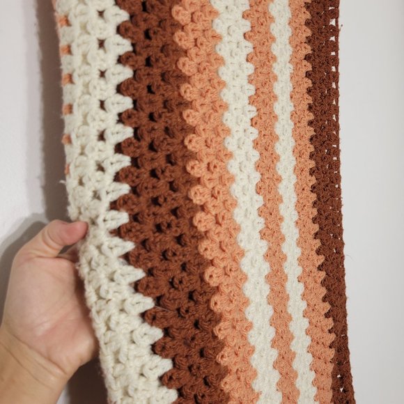 Handmade Crochet Afghan Throw Blanket Multicolored Striped Brown White Orange - Picture 4 of 10